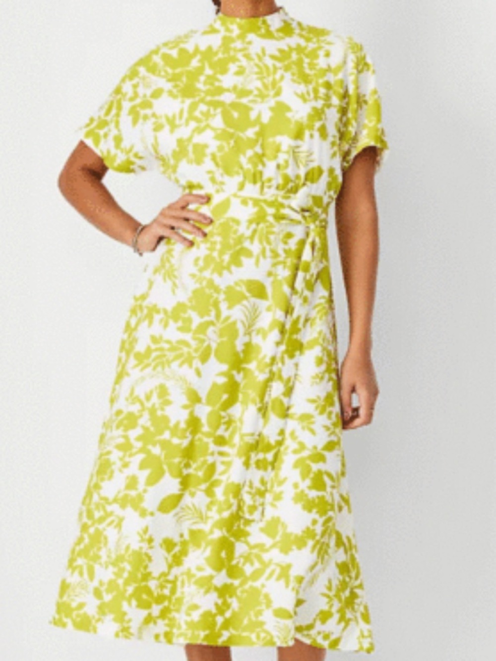 NWOT Ann Taylor Lime Floral Tie-Waist Midi Dress